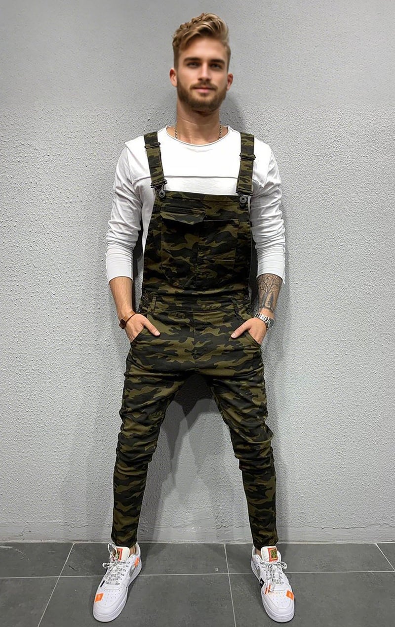LONGBIDA Men's Denim Bib Overalls Fashion Slim Fit Jumpsuit with Pockets(Camouflage,M) - Image 4